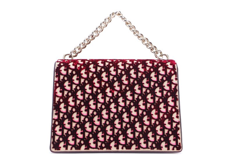 CHRISTIAN DIOR DIORAMA (17-BO-0166) BEIGE, BURGUNDY & PINK DIOR OBLIQUE FABRIC EMBROIDDERED WITH BURGUNDY TUFTED VELVET, GOLD HARDWARE, WITH CARD, STRAP & DUST COVER