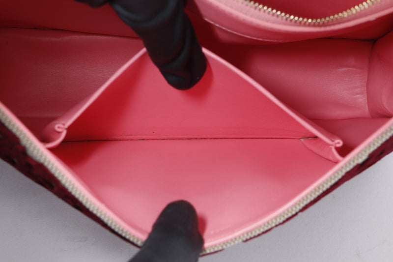 CHRISTIAN DIOR DIORAMA (17-BO-0166) BEIGE, BURGUNDY & PINK DIOR OBLIQUE FABRIC EMBROIDDERED WITH BURGUNDY TUFTED VELVET, GOLD HARDWARE, WITH CARD, STRAP & DUST COVER