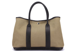 HERMES GARDEN PARTY 36 (STAMP G SQUARE) GREEN CANVAS & LEATHER TOTE BAG, PALLADIUM HARDWARE, NO DUST COVER
