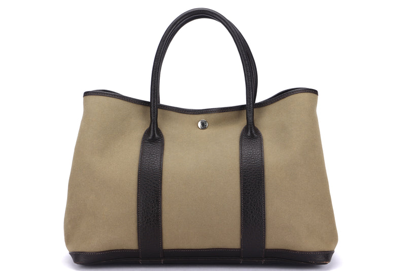 HERMES GARDEN PARTY 36 (STAMP G SQUARE) GREEN CANVAS & LEATHER TOTE BAG, PALLADIUM HARDWARE, NO DUST COVER