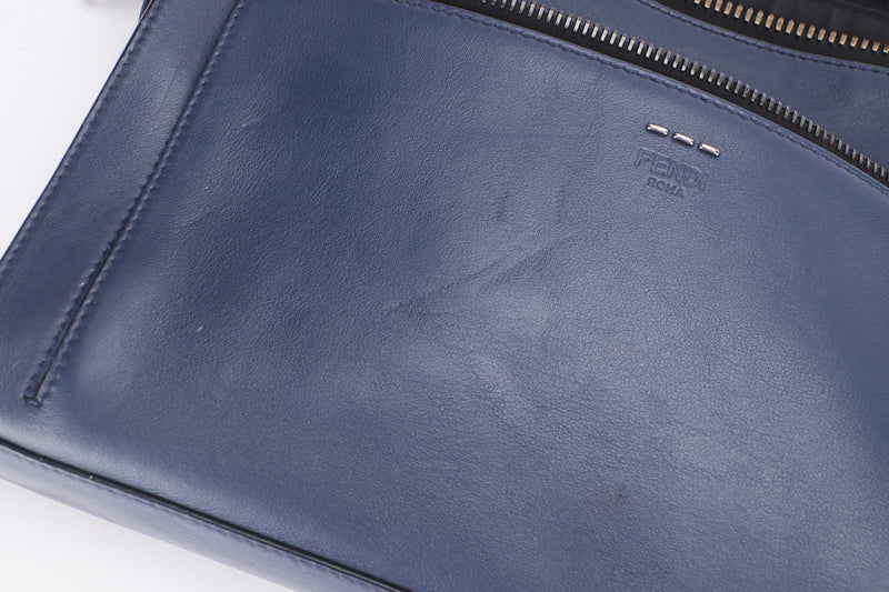 FENDI 7VA407-07B MESSENGER BAG (179-8762) NAVY BLUE LEATHER SILVER HARDWARE, WITH STRAP, NO DUST COVER