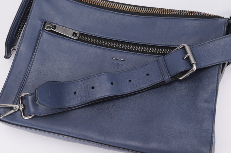 FENDI 7VA407-07B MESSENGER BAG (179-8762) NAVY BLUE LEATHER SILVER HARDWARE, WITH STRAP, NO DUST COVER