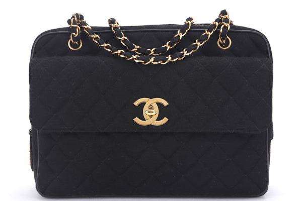 CHANEL VINTAGE FRONT POCKET CAMERA BAG, QUILTED CANVAS BLACK COLOR, NO CARD, HOLOGRAM STICKER & DUST COVER