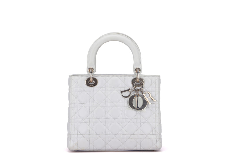 CHRISTIAN DIOR LADY DIOR MEDIUM WHITE LAMBSKIN, WITH SILVER HARDWARE, WITH CARD & STRAP, NO DUST COVER