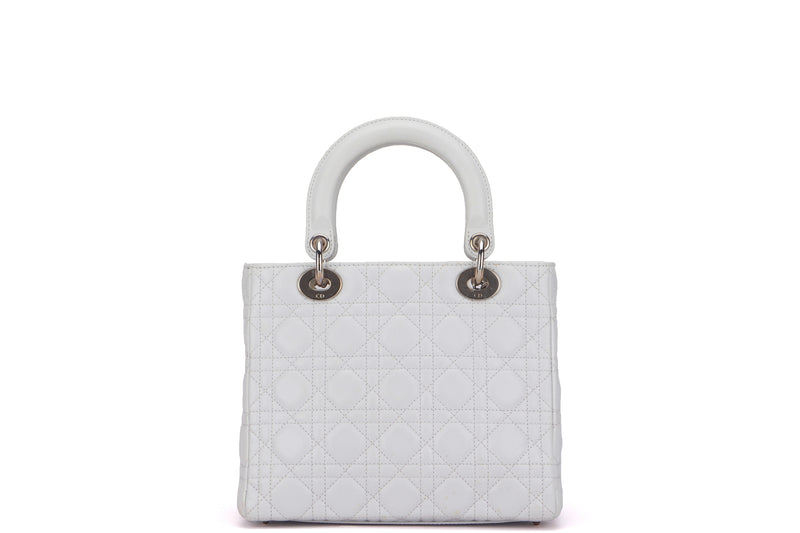 CHRISTIAN DIOR LADY DIOR MEDIUM WHITE LAMBSKIN, WITH SILVER HARDWARE, WITH CARD & STRAP, NO DUST COVER