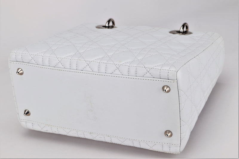 CHRISTIAN DIOR LADY DIOR MEDIUM WHITE LAMBSKIN, WITH SILVER HARDWARE, WITH CARD & STRAP, NO DUST COVER
