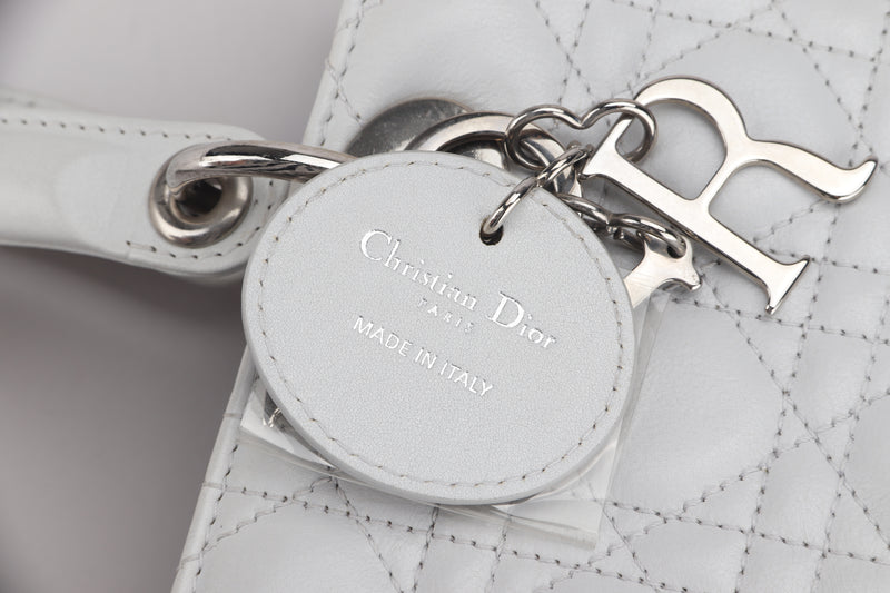 CHRISTIAN DIOR LADY DIOR MEDIUM WHITE LAMBSKIN, WITH SILVER HARDWARE, WITH CARD & STRAP, NO DUST COVER