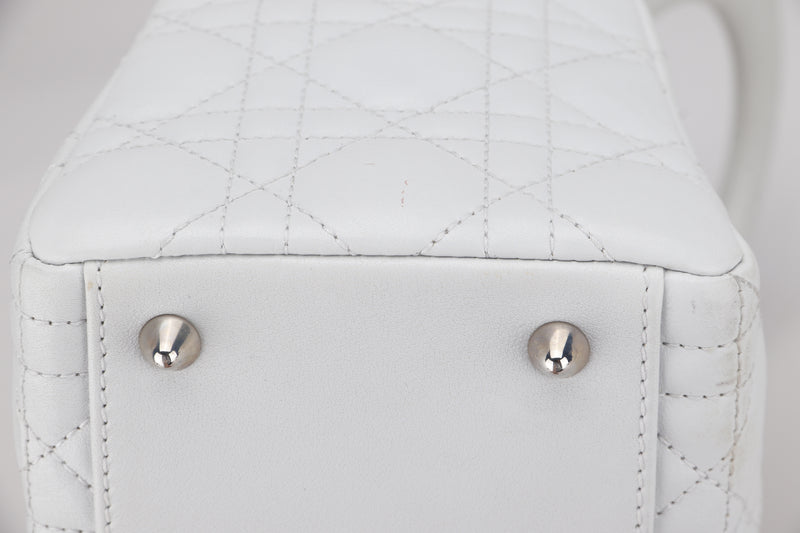 CHRISTIAN DIOR LADY DIOR MEDIUM WHITE LAMBSKIN, WITH SILVER HARDWARE, WITH CARD & STRAP, NO DUST COVER