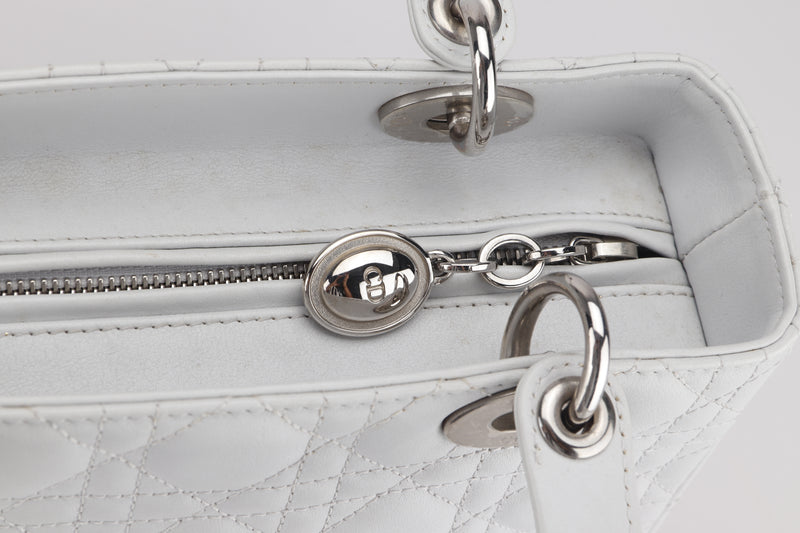 CHRISTIAN DIOR LADY DIOR MEDIUM WHITE LAMBSKIN, WITH SILVER HARDWARE, WITH CARD & STRAP, NO DUST COVER