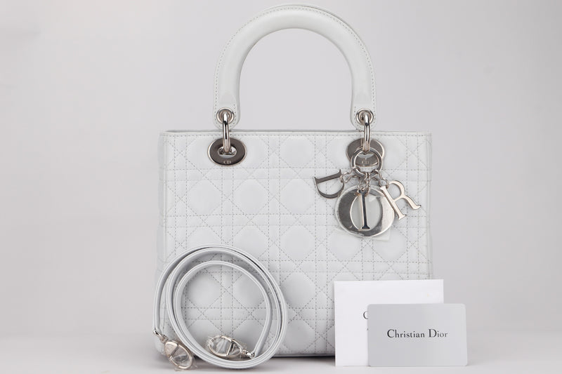 CHRISTIAN DIOR LADY DIOR MEDIUM WHITE LAMBSKIN, WITH SILVER HARDWARE, WITH CARD & STRAP, NO DUST COVER