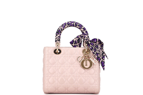 CHRISTIAN DIOR LADY DIOR MEDIUM LIGHT PINK LAMBSKIN, WITH GOLD HARDWARE, WITH CARD & STRAP, NO DUST COVER