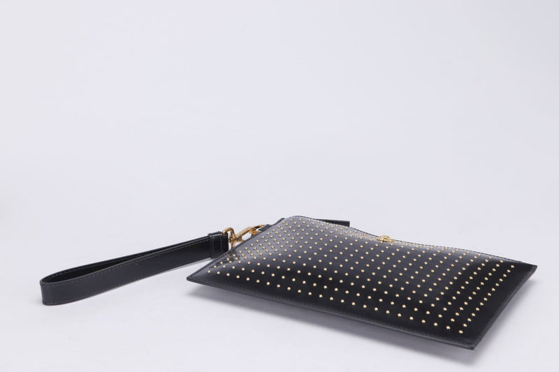 Versace Portatutto Vitello Studded Clutch (DP84725), Black Calf Leather, Gold Hardware, with Dust Cover
