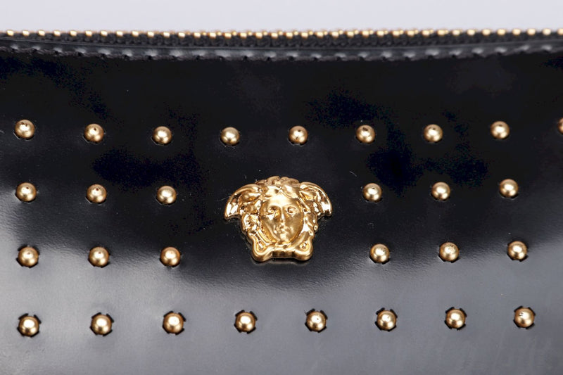 Versace Portatutto Vitello Studded Clutch (DP84725), Black Calf Leather, Gold Hardware, with Dust Cover