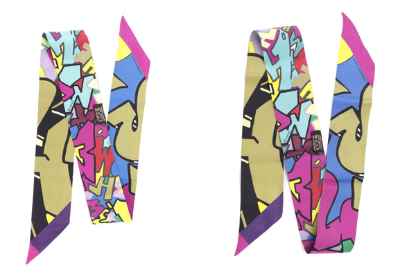 Hermes Multicolor Graffiti Silk Twilly (1 pair)
