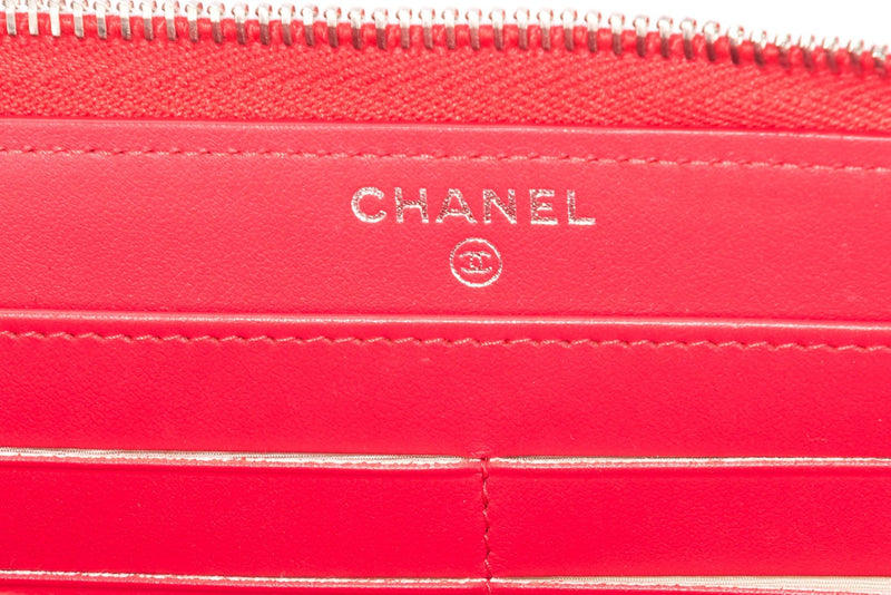 Chanel Chevron Zippy Wallet Red Color Caviar Leather Silver Hardware with Card, Dust Cover & Box