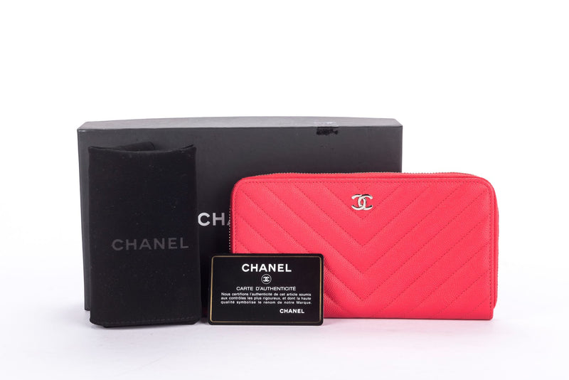 Chanel Chevron Zippy Wallet Red Color Caviar Leather Silver Hardware with Card, Dust Cover & Box
