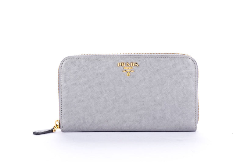 Prada 1M0506 Light Grey Full Zip Wallet with Cards & Box