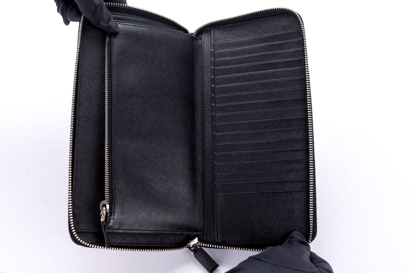 Prada 2M1220 Black Saffiano Large Zip Wallet with Cards & Box