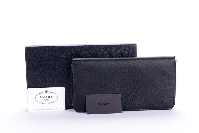 Prada 2M1220 Black Saffiano Large Zip Wallet with Cards & Box