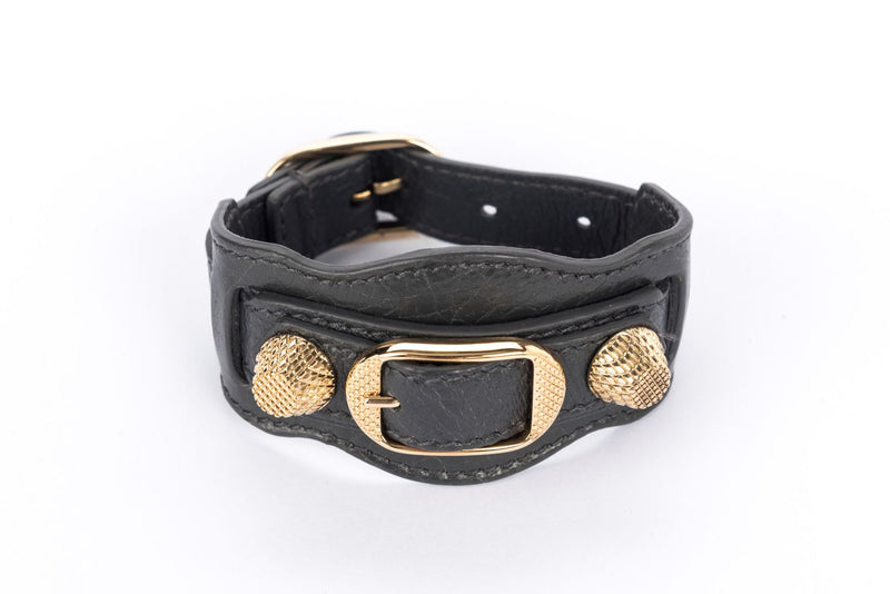 Balenciaga 235480 Grey Leather Giant Gold Studded Bracelet M Size, with Dust Cover & Box