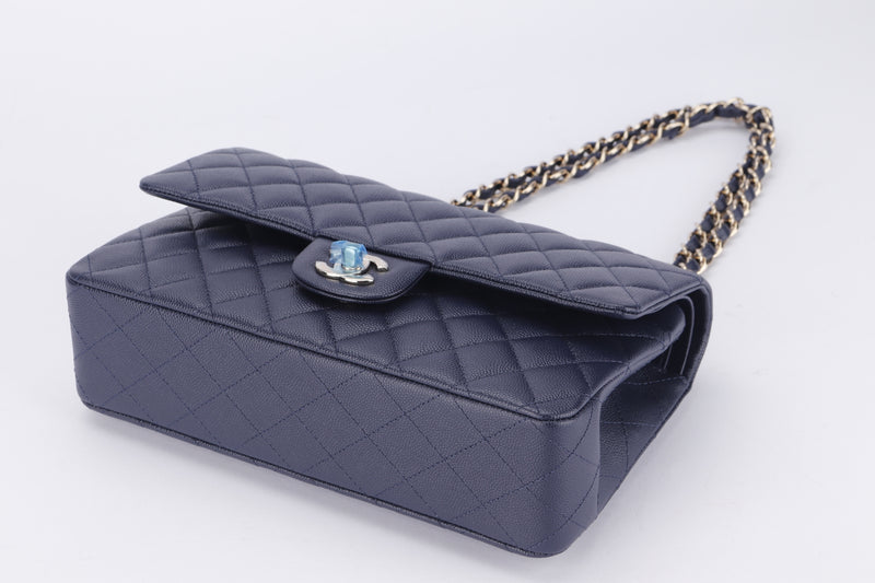 Chanel Classic Flap (G98Hxxxx) Medium Size Dark Blue Caviar Leather, Light Gold Chain, with Dust Cover & Box