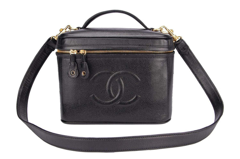 Attic House Bags CHANEL VINTAGE BLACK CAVIAR LEATHER VANITY BAG WITH LOCK AND SHOULDER STRAP HT-0174-CHA