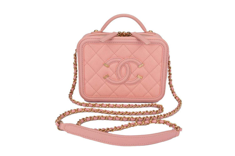 Chanel Mini Filigree in Pink Caviar leather and Gold chain