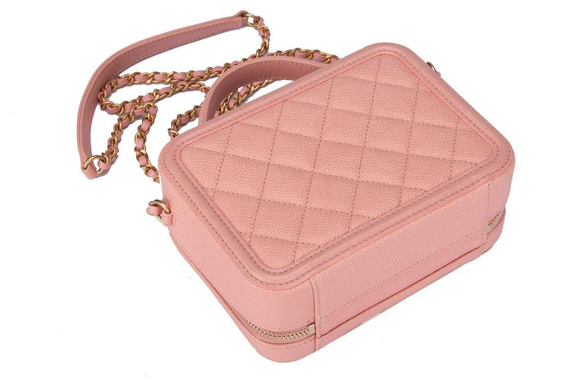 Chanel Caviar Quilted Filigree Vanity Clutch with Chain Pink Light Blue Green