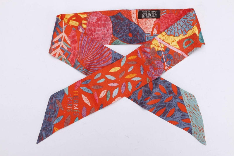 Attic House Scarf Hermes Orange, Blue Petals Silk Twilly MDG-701-HER