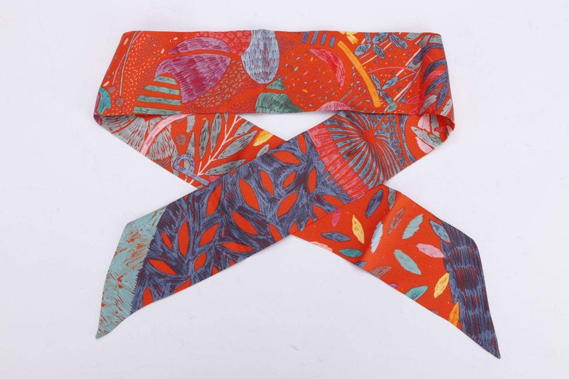 Attic House Scarf Hermes Orange, Blue Petals Silk Twilly MDG-701-HER