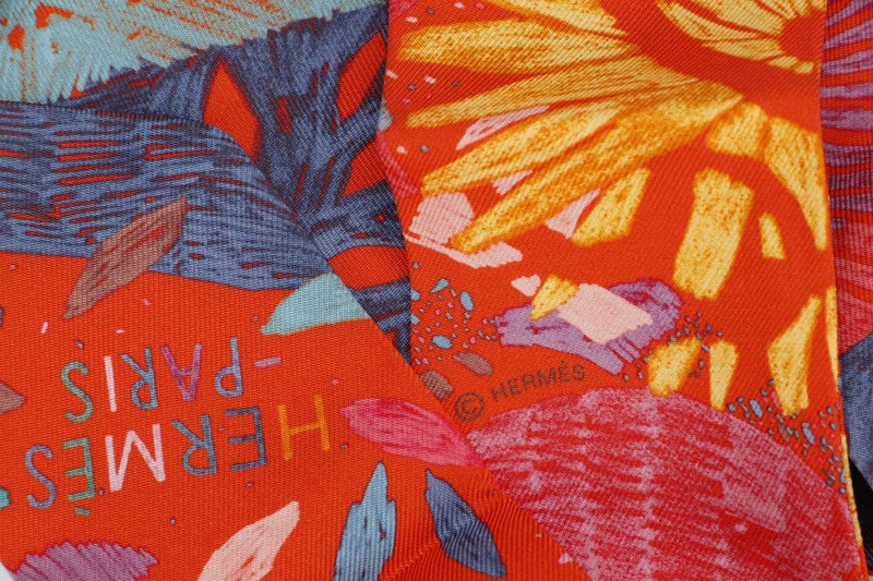 Attic House Scarf Hermes Orange, Blue Petals Silk Twilly MDG-701-HER