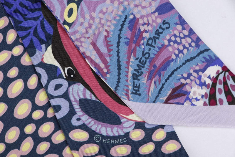 Attic House Scarf Hermes Silk Twilly Purple, Coral, Fish MDG-1248-HER