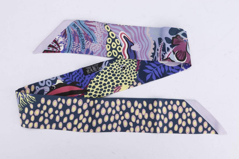 Attic House Scarf Hermes Silk Twilly Purple, Coral, Fish MDG-1248-HER