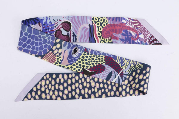 Attic House Scarf Hermes Silk Twilly Purple, Coral, Fish MDG-1248-HER