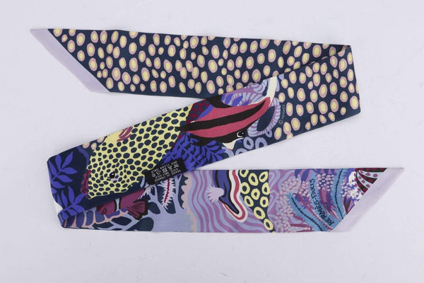 Attic House Scarf Hermes Silk Twilly Purple, Coral, Fish MDG-1249-HER