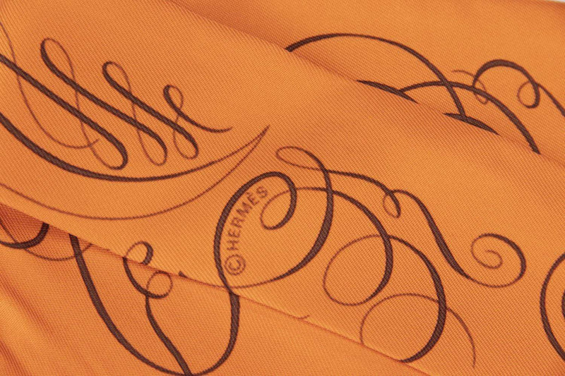 Attic House Scarf SILK TWILLY ORANGE WITH BROWN CALIGRAPHY FONTS NO BOX HT-0251-HER